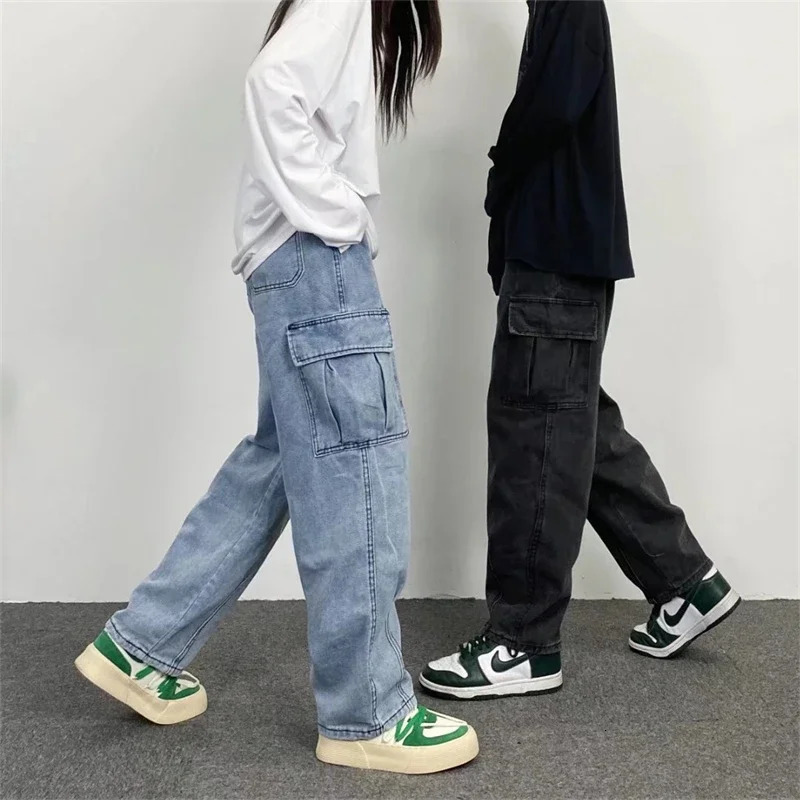 Baggy Straight Mens Cargo Jeans Fashion Streetwear Hip Hop Wide Pants Harajuku Y2K High Street Korean Male Denim Trousers 250813