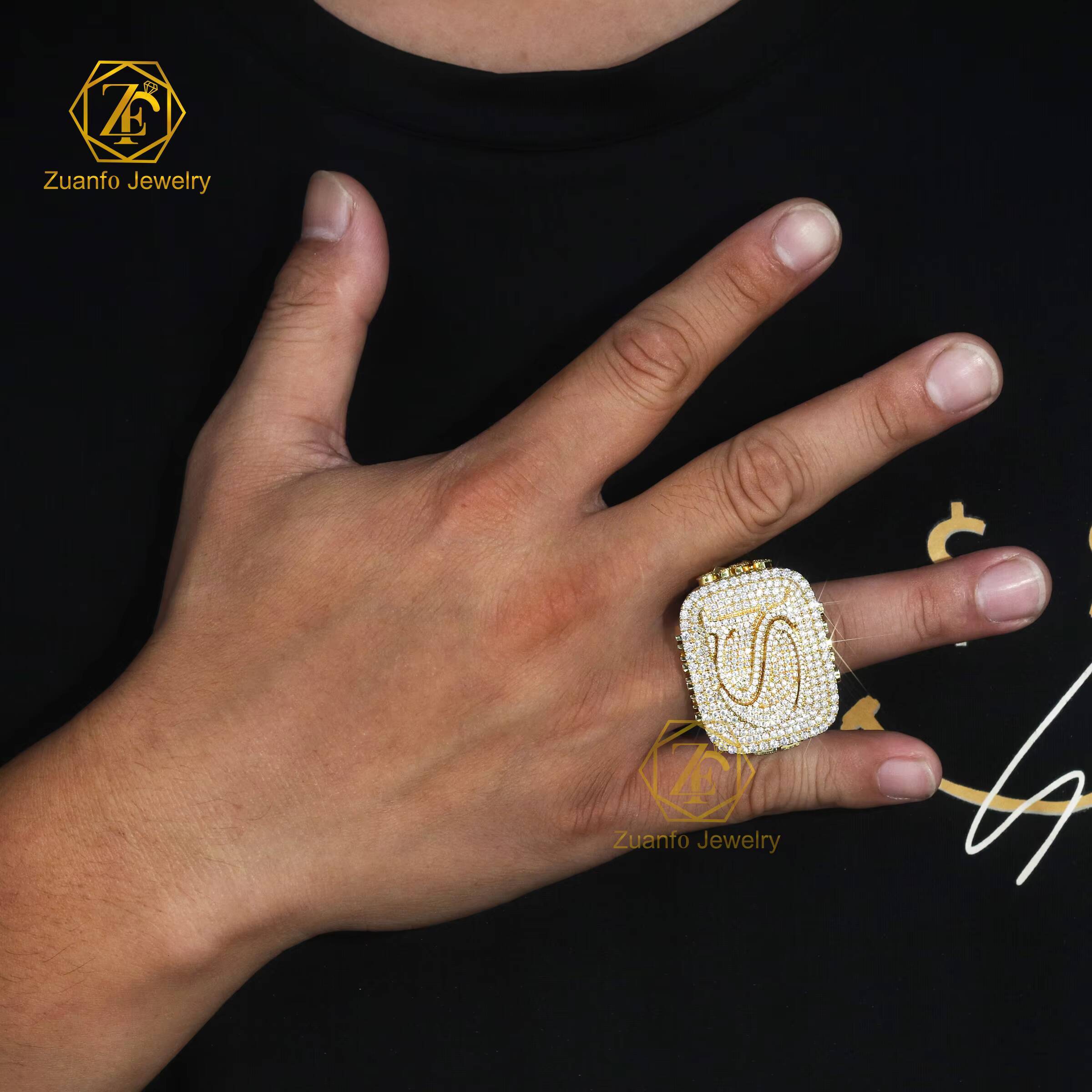 Sterling Sier VVS Moissanite Dias Custom Super Iced Out Hip Hop 3D Letter Pinky Party Wear Ring for Mens Jewelry