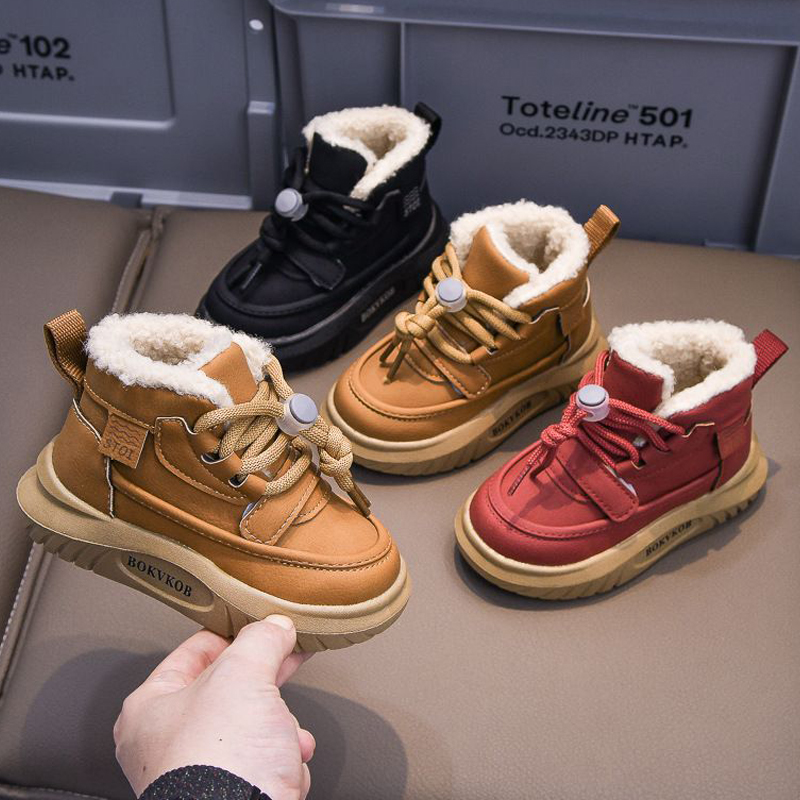 Toddler PU Leather Snow Boots For Children Thick Warm Boy's Cotton Shoes Kidsnest Anti-slip Girl Fur Boots For Kids Winter Plush Shoes Size US5.5