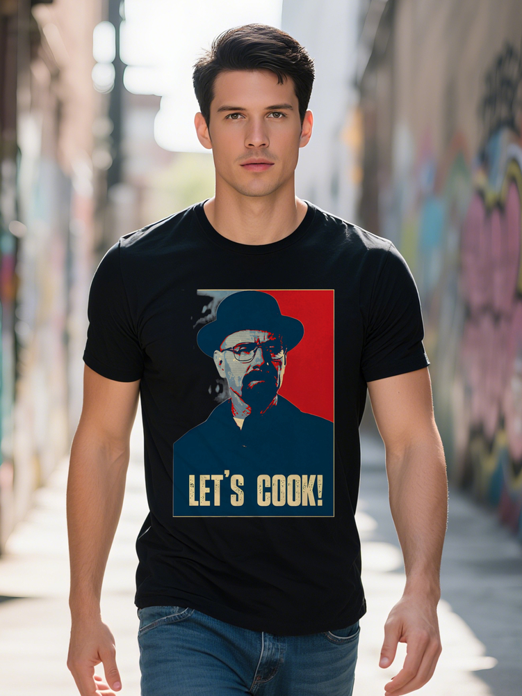 Men Casual Graphic T Shirt with Let s Cook Print Vintage Character Design Black Round Neck Summer Tee Regular