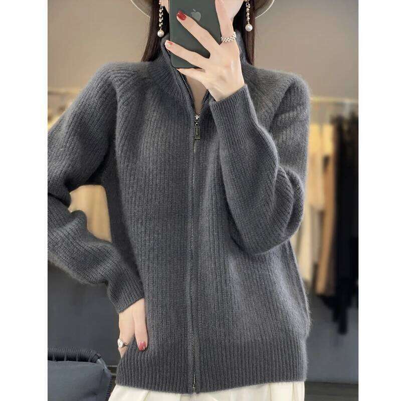 Women's 100% Merino Wool Knitting Sweater Turtleneck Zipper Cardigan Autumn/Winter Casual Loose Top Thickening Cashmere Jacket 20250809