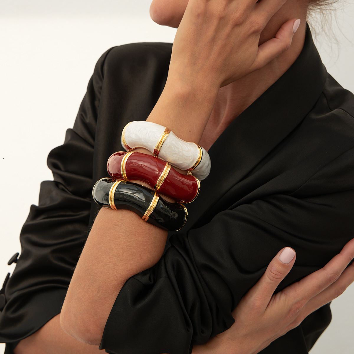 Jewelry Enamel Drip Oil Open Light Wave Bamboo Section Layered Alloy Bracelet for Women ddmymoon