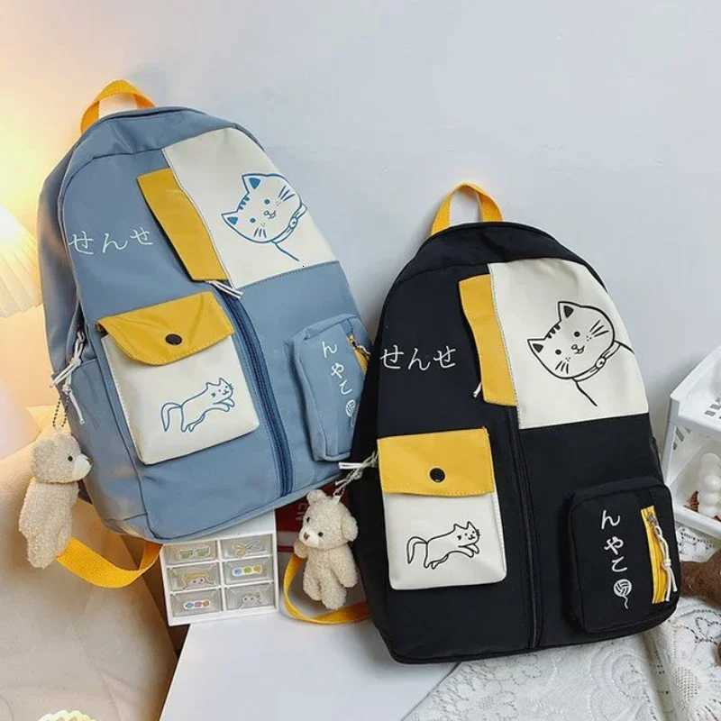 Korean Cute Cartoon Cat Womens Backpack Junior High School Students Large Capacity Nylon Waterproof Travel Backpack XJ250814