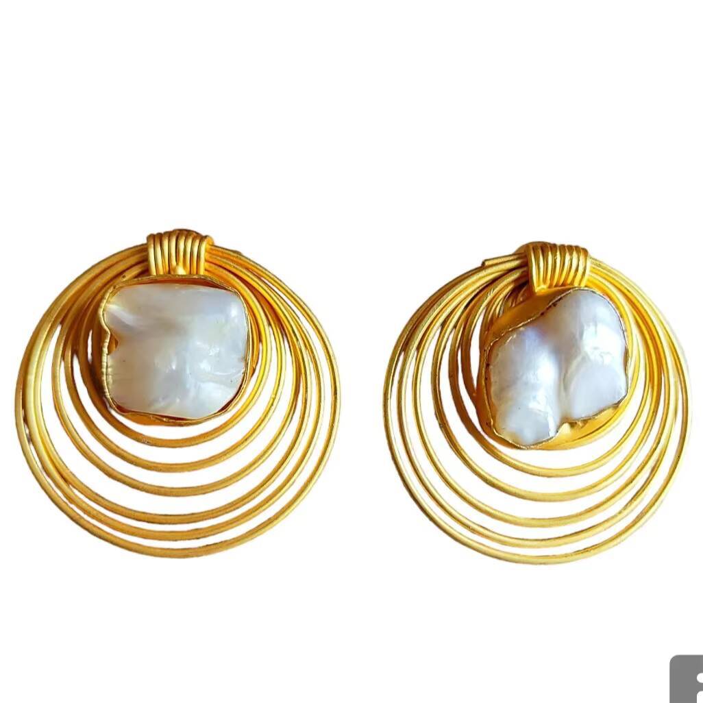 High-Quality Irregular Gold-Plated Large Baroque Pearl Line Wrapped Geometric for Women Exaggerated Statement Earrings