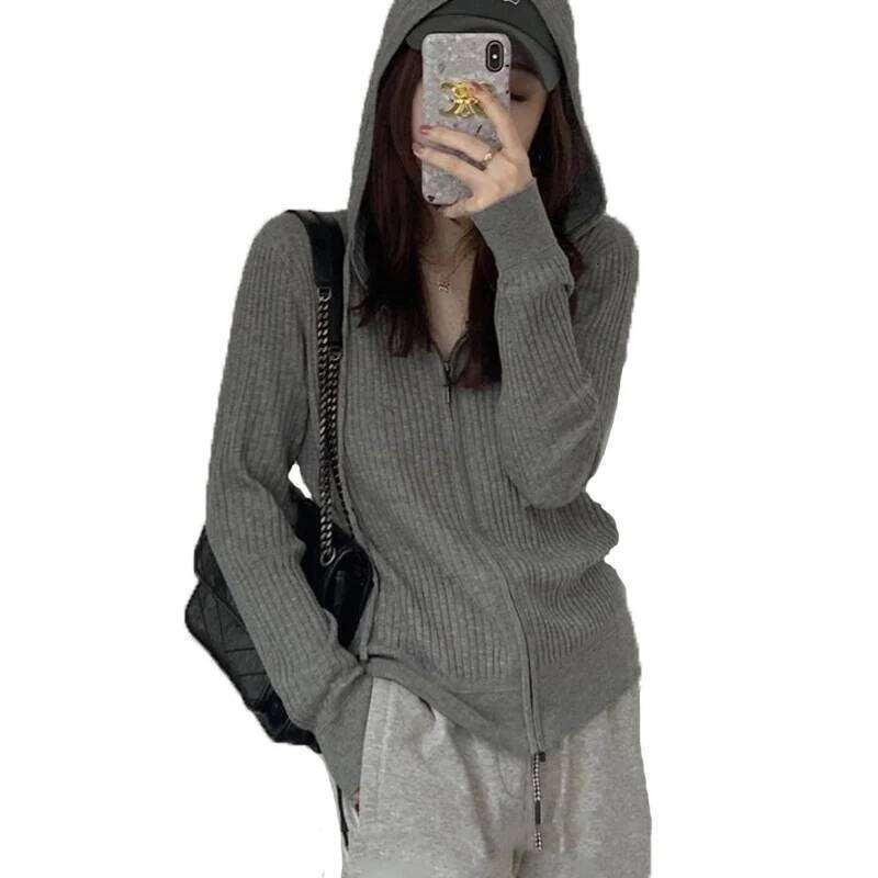 Western Style 2022 Spring And Autumn Grey Hooded Cardigan Wool Hoodie Feminine Base Loose Knit Jacket Sweater 20250809