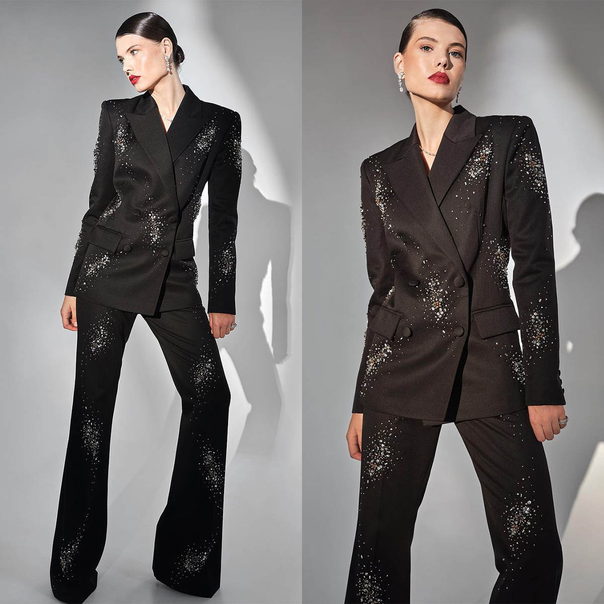 Classic 2 Pieces Women Suits Peaked Lapel Double Breasted Pants Sets Crystal Beading Formal Prom Occasion Customized Wear