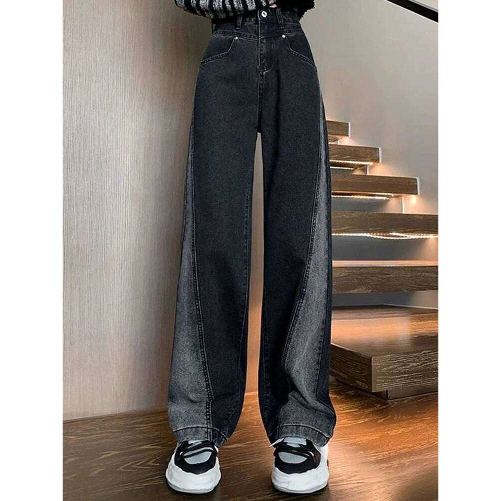 Woman Waist Jeans Lady American High Street Patchwork Straight Pants Girls Black Gray Contrast Color Wide Leg Trousers