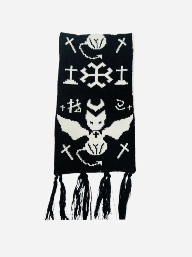Y2k Aesthetic Girl Cat Printing Scarf Harajuku Two-sided Warmth Tassels Neckerchief Japanese Individuality Streetwear Scarves 250813