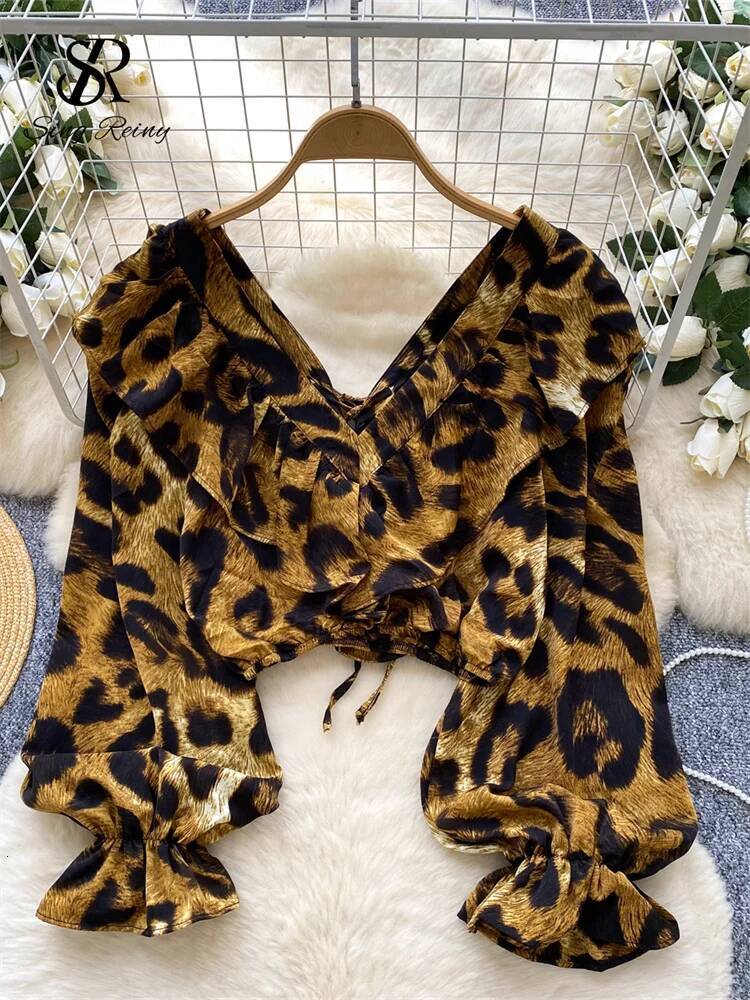 2025 Fashion Leopard print Chiffon Top for Women, V-neck Trumpet Sleeves, Unique Umbilical Top, Autumn French Retro Printed Mini Shirt, Designer Top