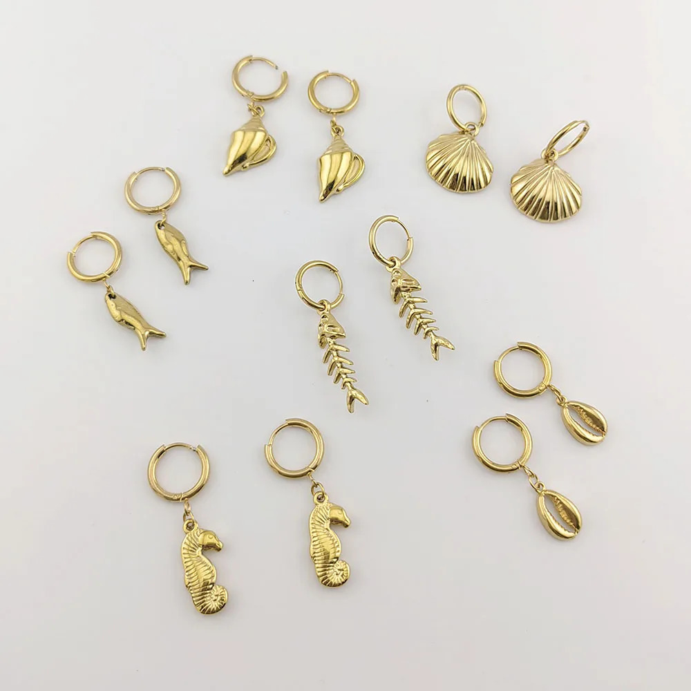 2025 Trend Woman Stainless Steel Seahorse Shell Fish Earrings Summer Fish Skeleton Hoop Earrings Charms 250812