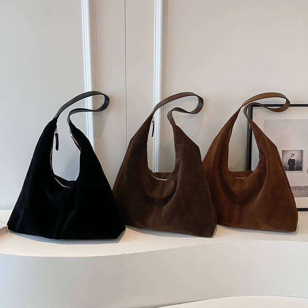 Women Suede Retro Single Shoulder Large Capacity Trendy Work Hobo Solid Color Hasp Closure Outdoor Travel Bag