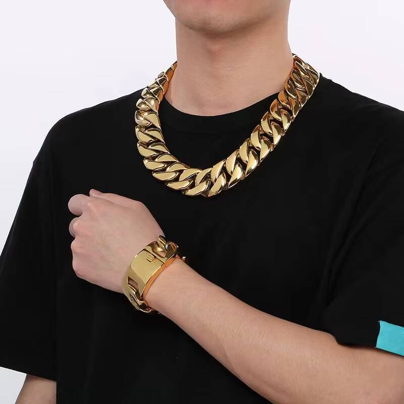 Mens 32mm Large Heavy Polished Gold Plated Stainless Steel Chunky Cuban Curb Chain Link Necklace