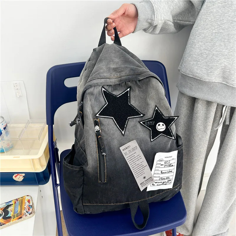Kids Backpacks Gradient Denim Star Backpack Retro Style Backpack Versatile Travel Backpack Bags for Women Travel Bags School Bag 250813
