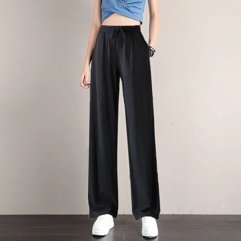1pcs Summer Women Ice Silk Pant Female High Elastic Waist Drawstring Pocket Loose Straight Trousers Student Sports 250808