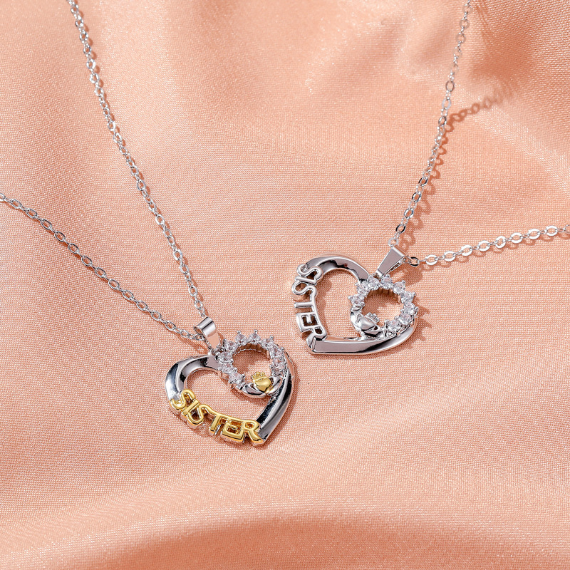 Popular Sisters Necklace Creative Heart SISTER Micro Pave Zircon Collarbone Chain Personality Pendant For Women