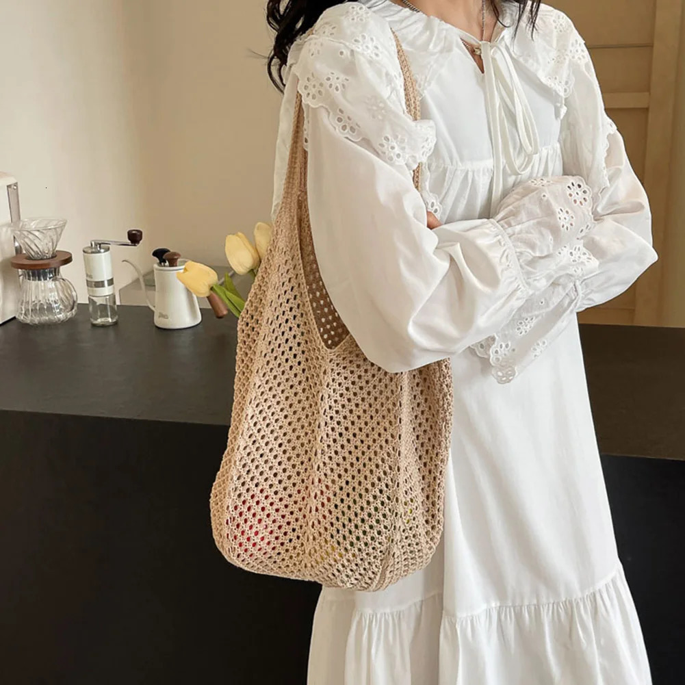 Women Knitting Shoulder Bag Large Capacity Knitting Underarm Bag Solid Crochet Tote Handbag Summer Mesh Beach Bag Hobo Bag250813