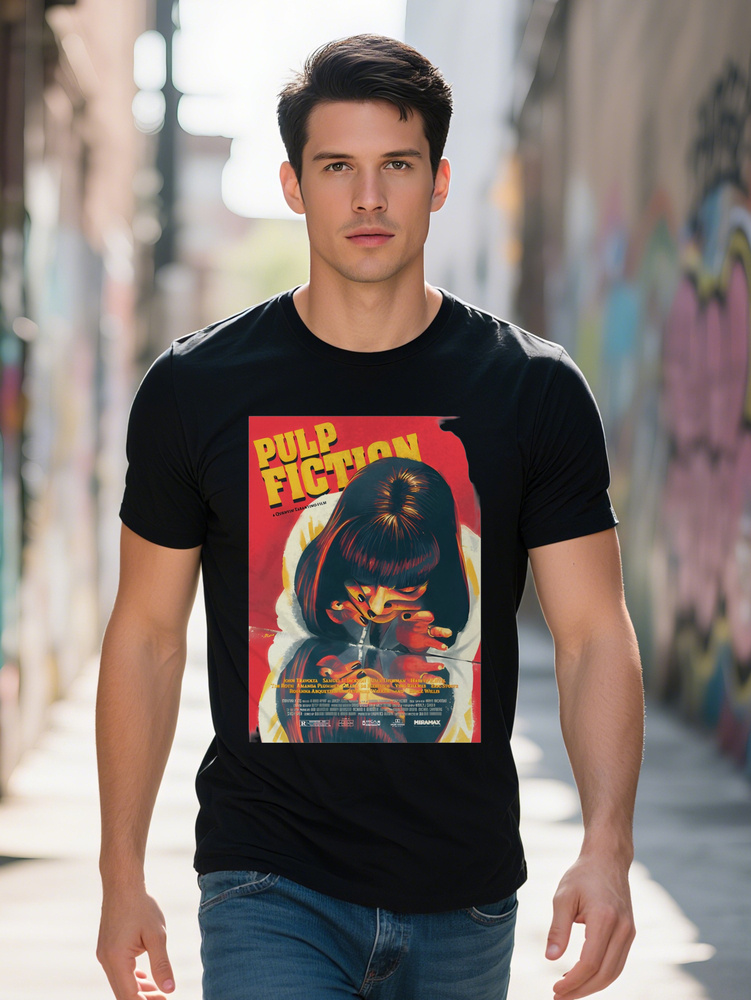 Black Graphic Men's Casual T-Shirt Pulp Fiction Art Print with Female Character Design Regular Fit Gift for Men Movie