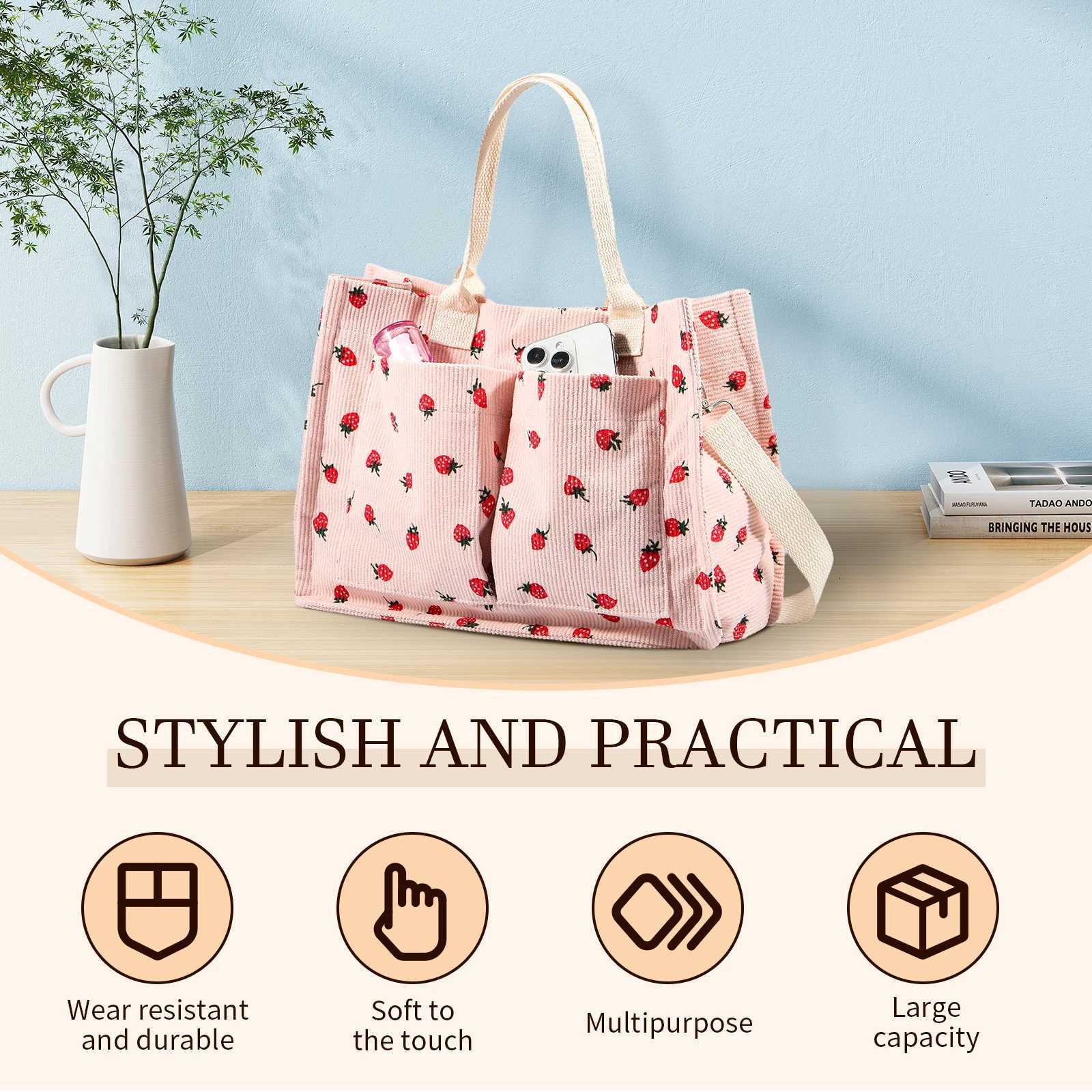 Tote Bag Cute Strawberry Patched Purse for Women Fabric Large Capacity Tote Purse Enduring Tote Bag with Adjustable Shoulder Y250813