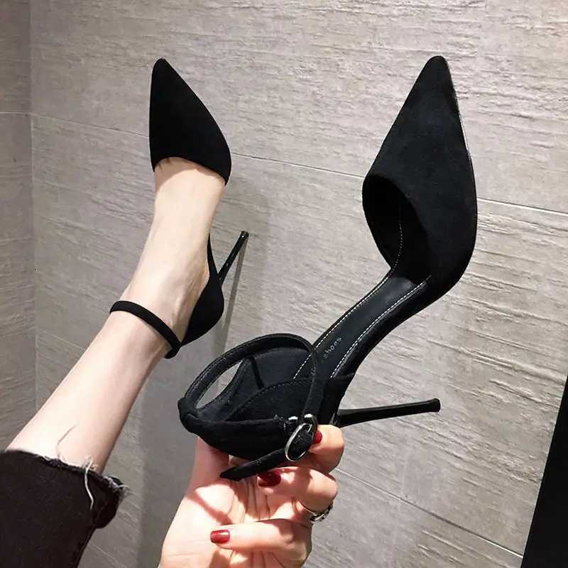 2023 New Versatile Thin Heel Professional Pointed Black Buckle Strap Single Shoe for Women Spring and Autumn High Heel W250814