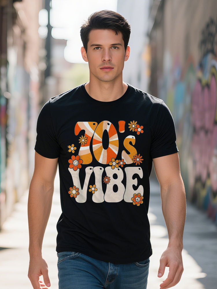 Men Retro Graphic T Shirt Black Casual Short Sleeve Round Neck Tee with Bold s VIBE Lettering Colorful
