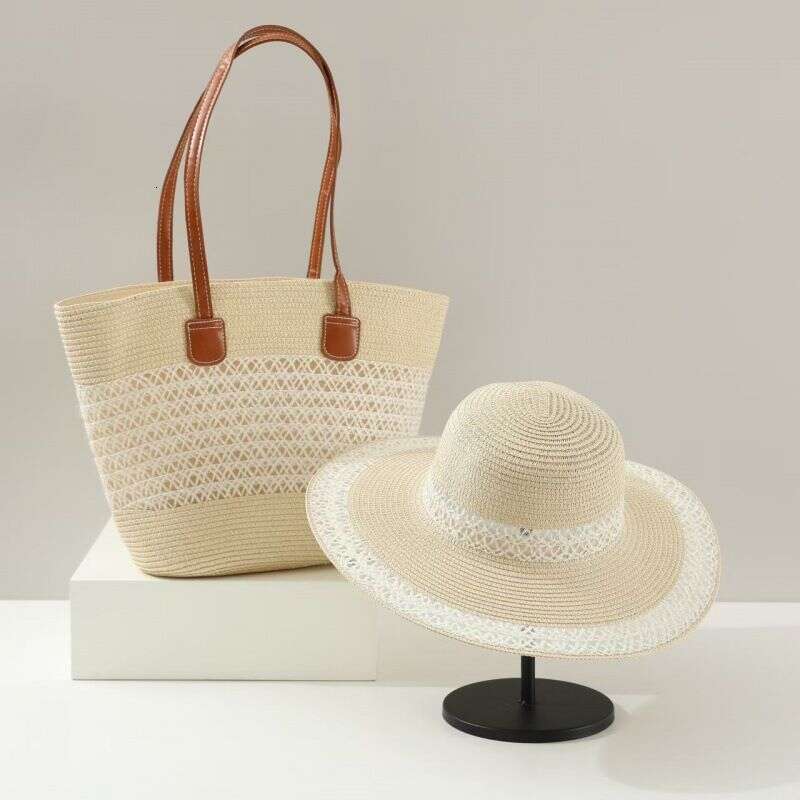 Handle Bags Large-capacity Bag Set, Large Eaves Sunshade Straw Hat, Single-striped, Single-shoulder Woven Beach Bag, Women's Trend