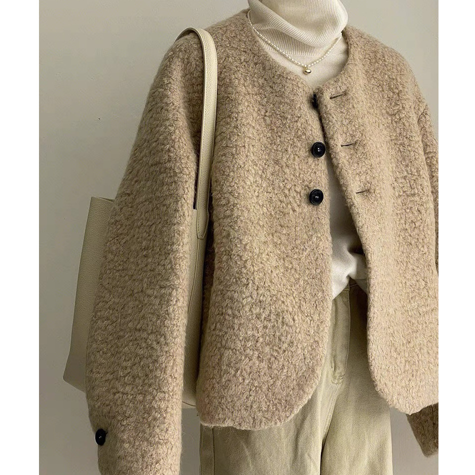 Korean Style Womens Cropped Jacket Spring Autumn Winter Lambswool Milk Tweed Style Age-reducing Petite Milk Tan Top 241008