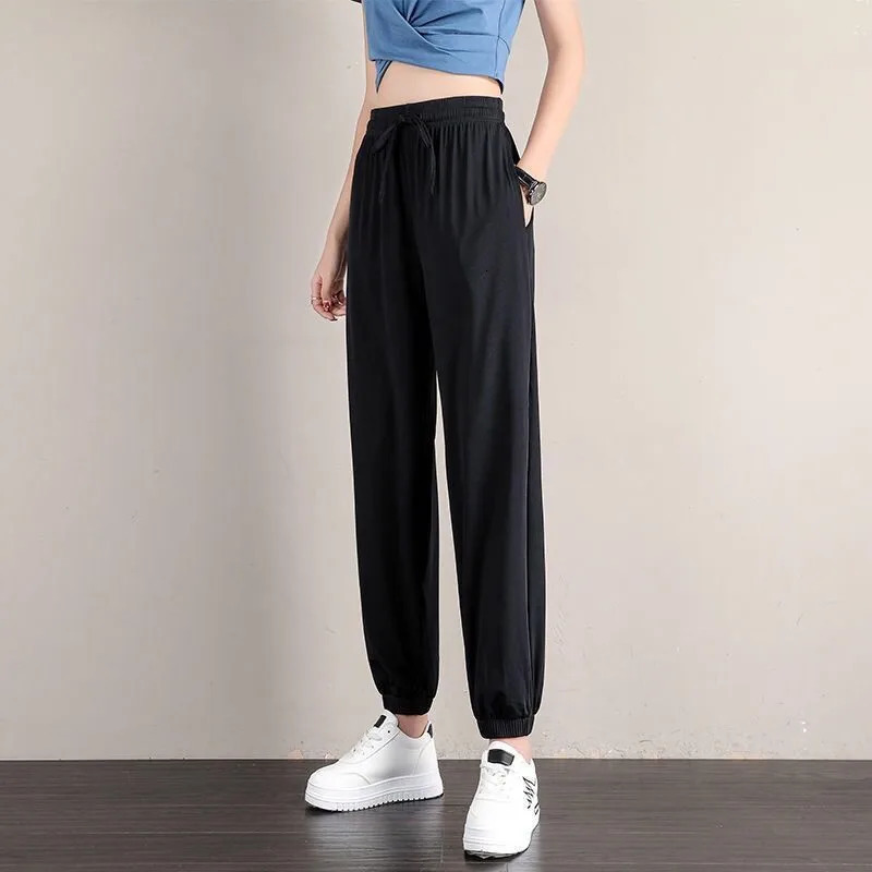 1pcs Summer Womens Ice Silk Pants Female High Elastic Waist Drawstring Pocket Loose Straight Trousers Student Sports Harun 250808
