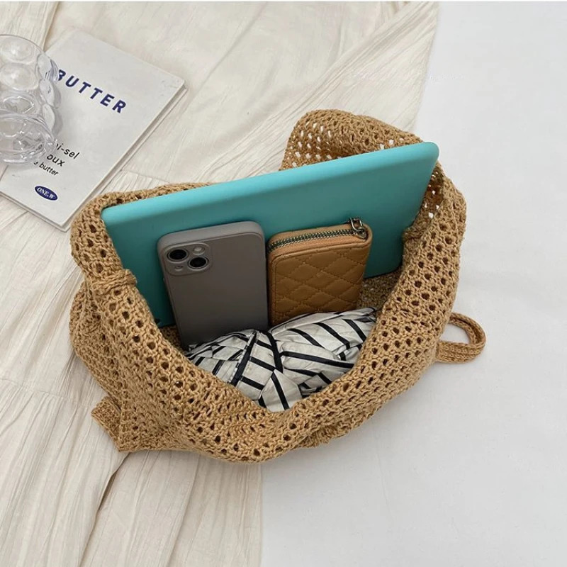 Women Crochet Tote Candy Bag Fashion Knitted Large Capacity Woven Shoulder Bags Solid Color Simple Shopping Bag for Summer Beach250813