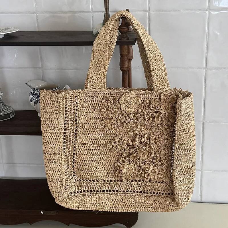 Summer Flower Woven Tote Bohemian Travel Straw for Women Handbags Designer Shoulder Bags Bali Beach Bag Shopper Purses high-quality