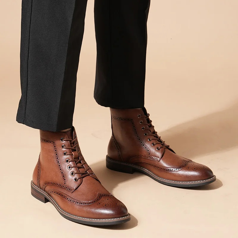 British Style Mens Brogue High Toe Shoes Vintage Leather Chelsea Boots Lace Up Autumn Winter Work Shoes Ankle Boots Men 250811