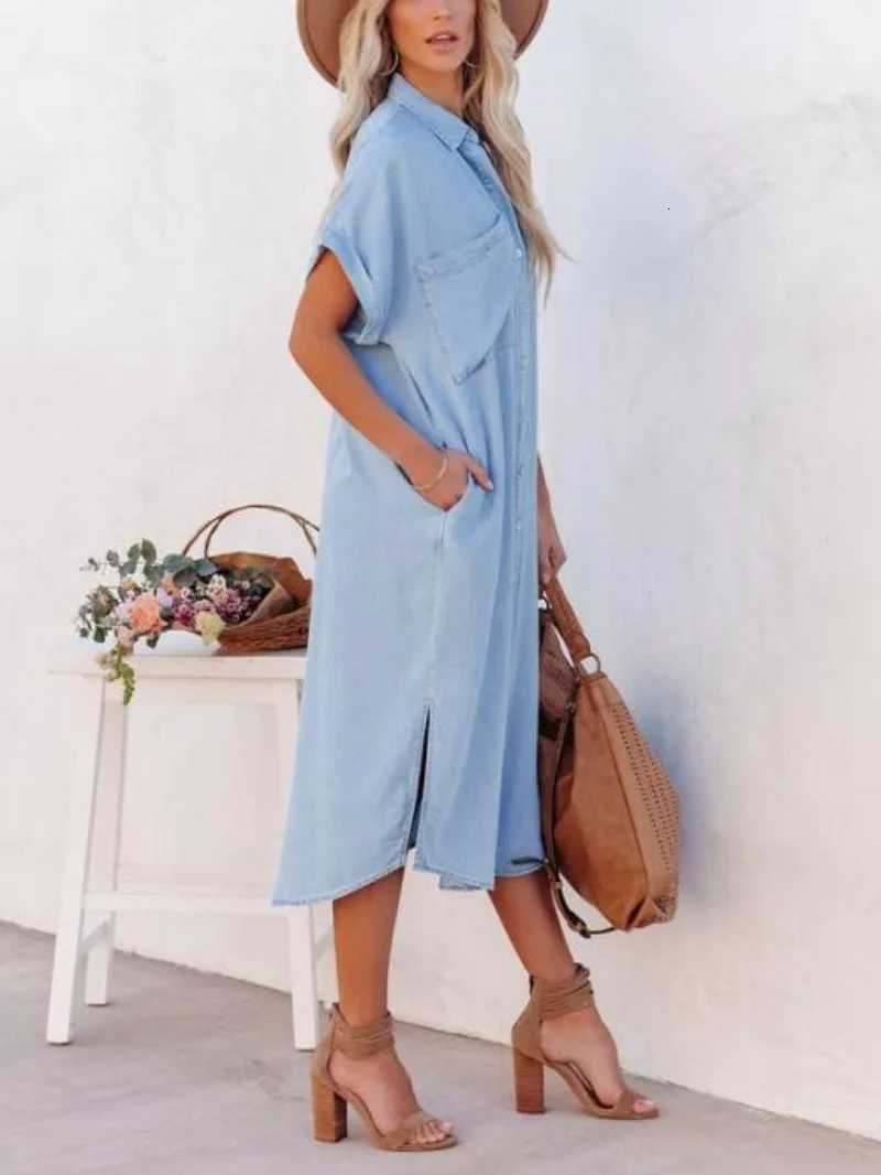 Womens Casual Loose Solid Color Short Sleeve Long Slit Shirt Dress with Shoulder Sleeves and Button-Up Dress XJ250814