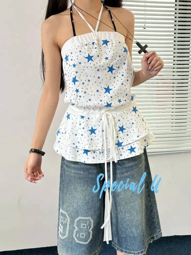 fashion 2025 Fashion Fresh Sweet Star Full Printed White Strap Top Women's Clothing Retro Spicy Girl Slimming Multi functional Harajuku Leisure D