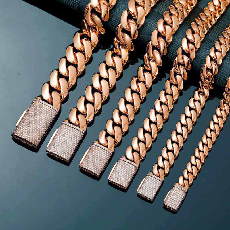 8-22mm Stainless Steel Miami Cuban Chain Copper Clasp Rose Gold Plated Jewelry Mens Necklace Jewelry