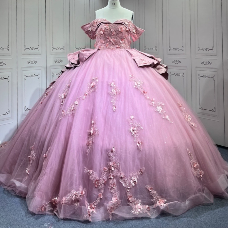 Pink Quinceanera Dresses Off The Shoulder Applique Flower Beads Tull Party Birthday Ball Gown Vestidos 15 Anos Sweet 16 Dress