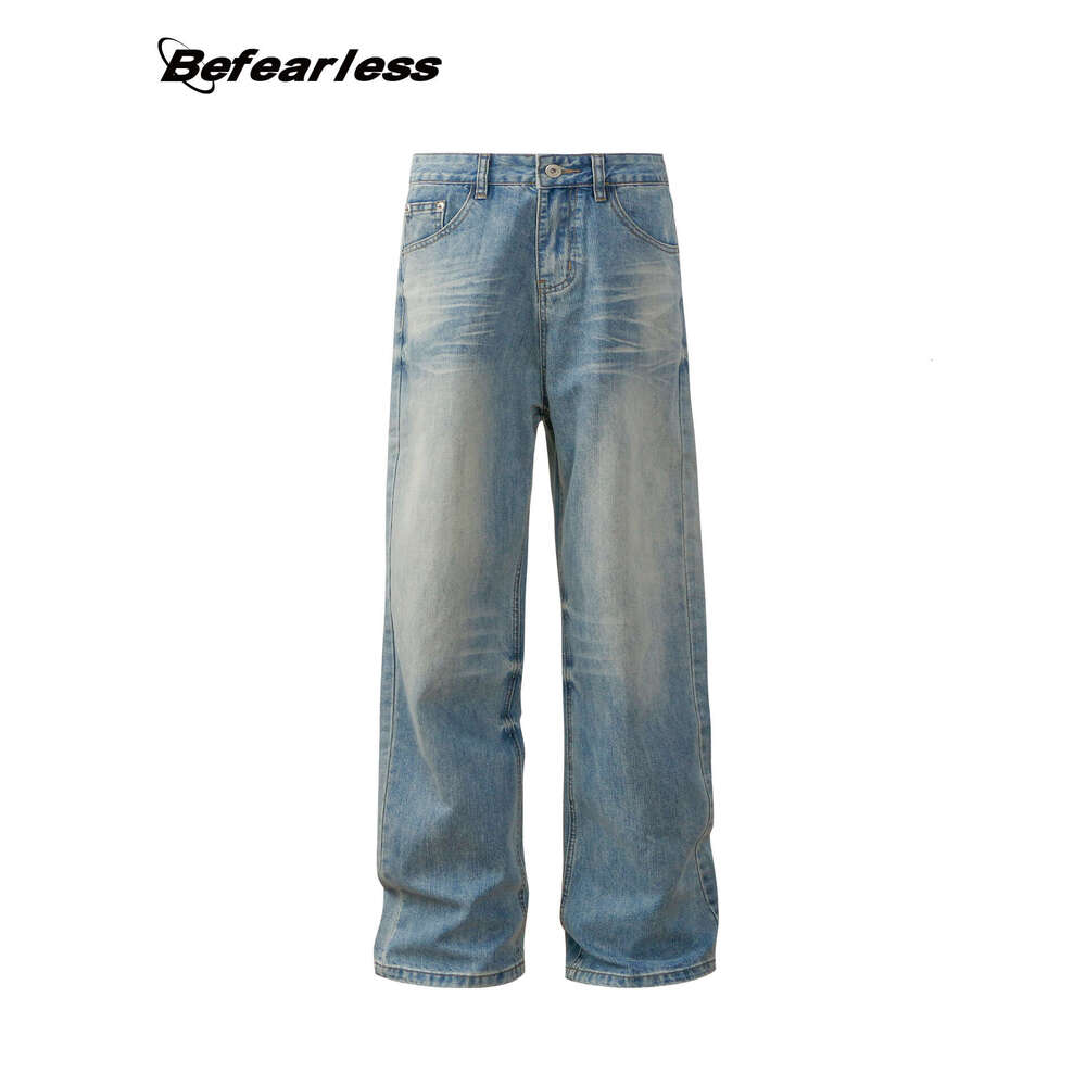 American Style Washed Cat Whiskers Clean Fit Straight Wide Leg Jeans Trendy Brand High Street Loose Men's Long Pants B5