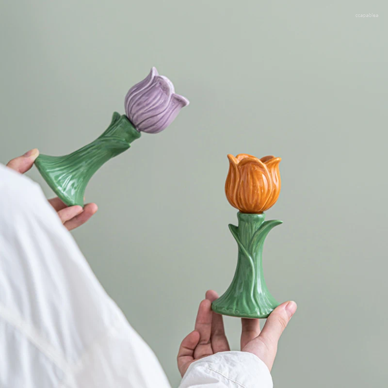 Candle Holders Ceramic Holder Cartoon Flower Shape Candelabrum Desktop Storage Accessories Candlestick Home Decoration H260310