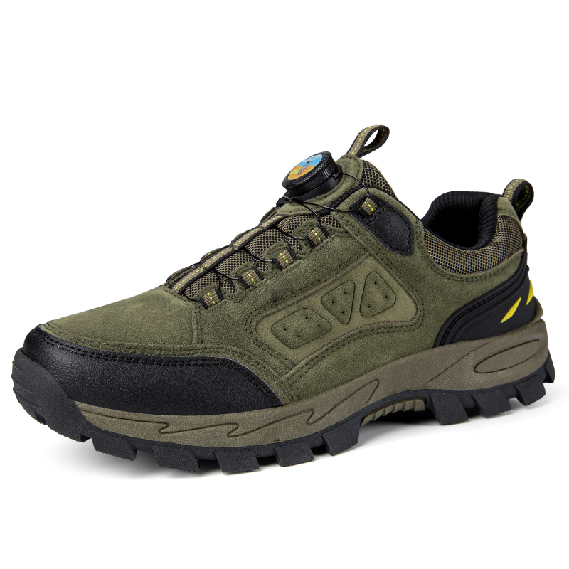 Men's genuine leather outdoor mountaineering shoes, summer city camel sports with rotating buttons, no shoelace tying, waterproof travel shoes