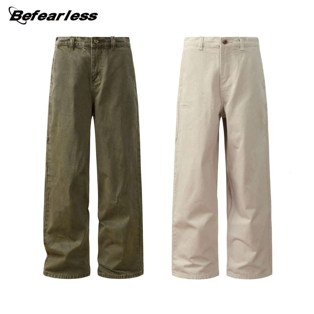 American Style Washed Vintage Color Block Straight Pants Unisex Loose Wide Leg Floor-Length Casual Trousers B5