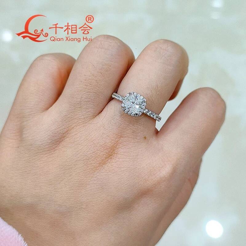 6mm Cushion Halo Ring Women round Half Eternity Band D White VVS Moissanite 925 Sterling Silver Jewelry for Engagement