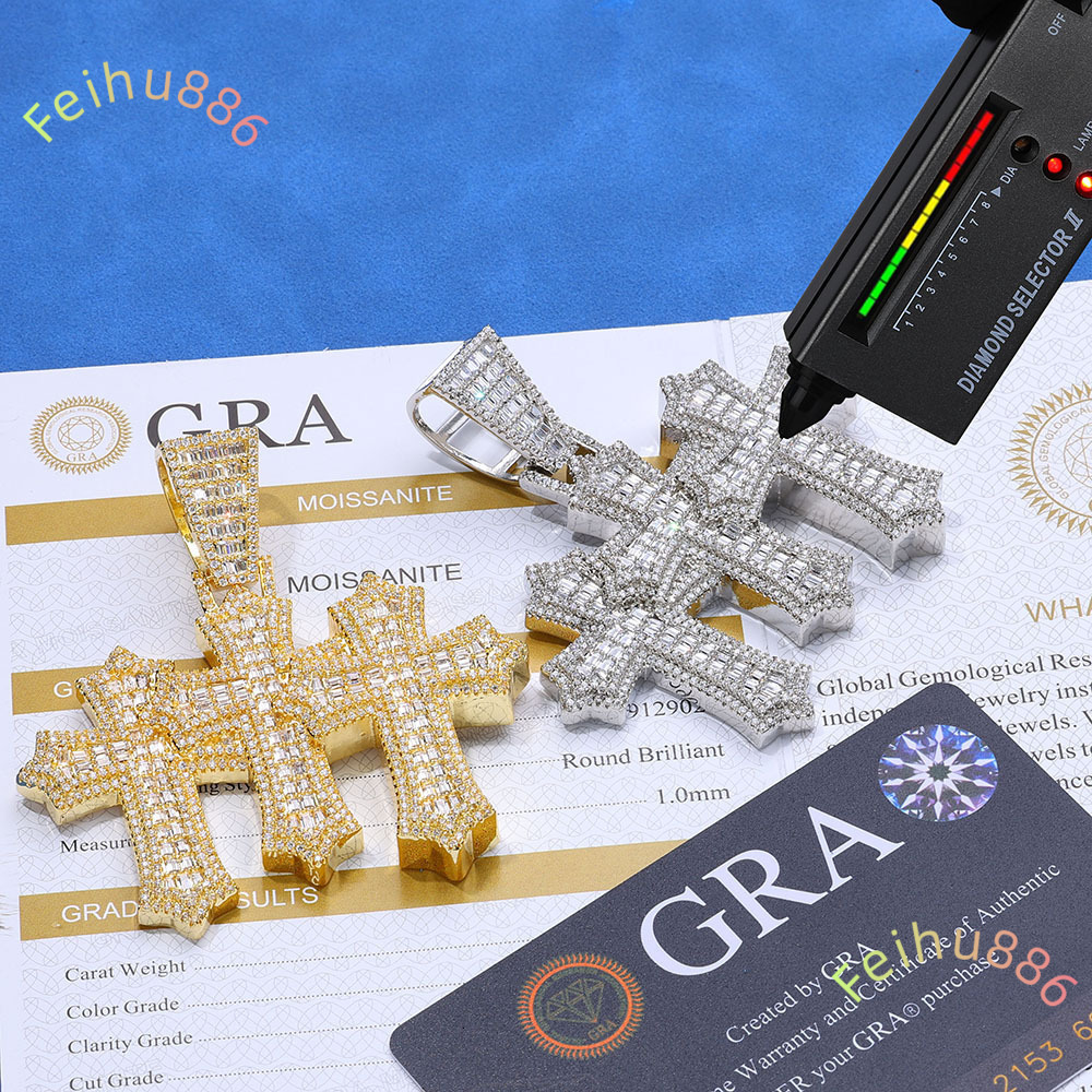 Hip Hop New Style 925 Sterling Silver Sparkle VVS Iced Out Men Moissanite Jewelry Cross Pendant Chain Link Triple Cross Charm