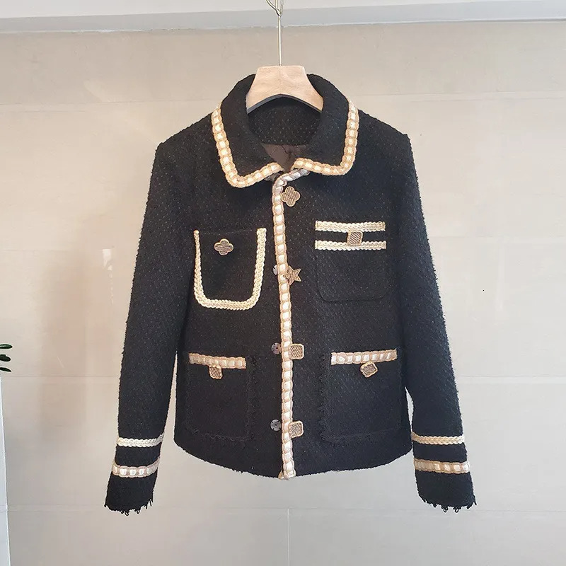 Winter New Navy French Light Single-Breasted Elegance-Style Quilted Color-Block Short Coat Tweed Jacket for Women