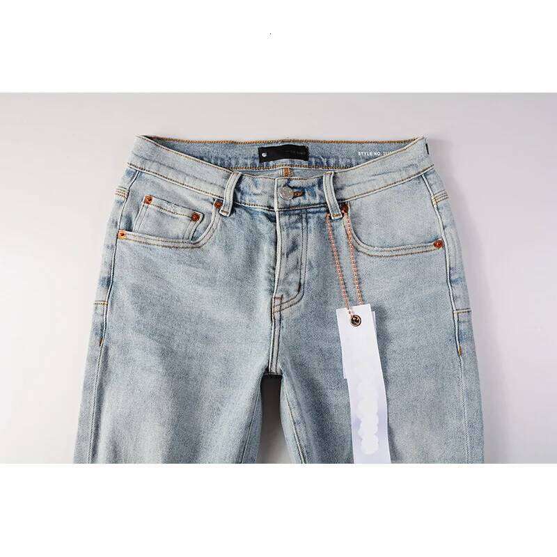 Men's American High Street Fashion Distressed Washed Classical Blue Damaged Holes Stretch Skinny Button Fly Jeans Pants