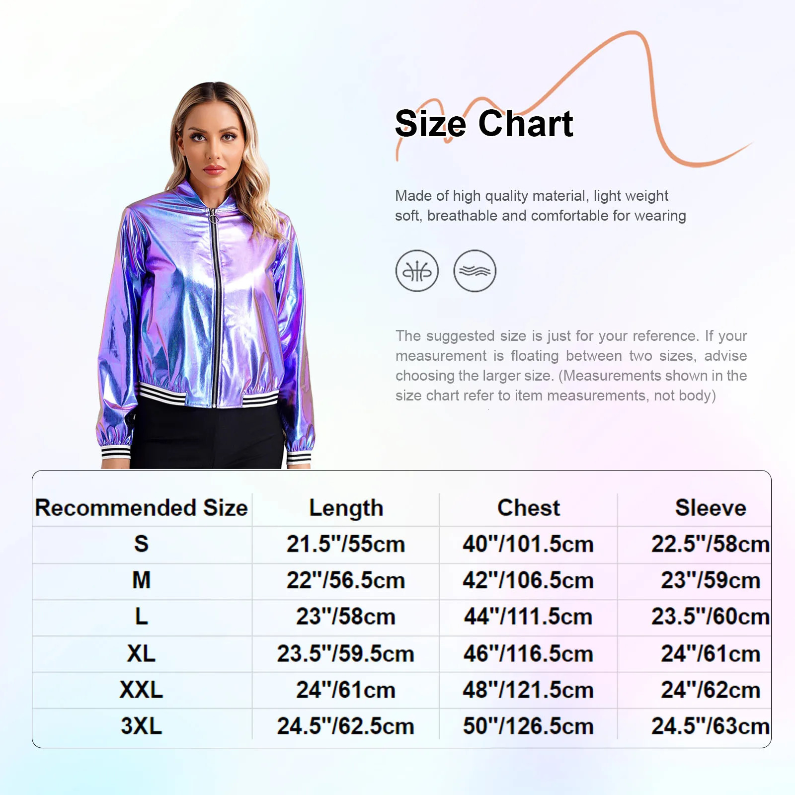 Womens Holographic Costumes Metallic Shiny Silver Bomber Jacket Long Sleeve Front Zipper Coat Carnival Rave Festival Outerwear 250813