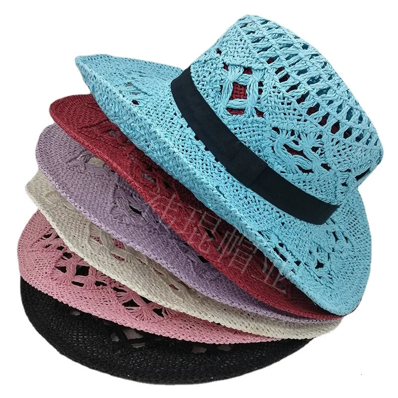 2024 Western Crochet Cowboy Straw Hats for Women Men Solid Color Wide Brim Beach Sun Hat Handmade Hollow Out Cowgirl Cap 250813