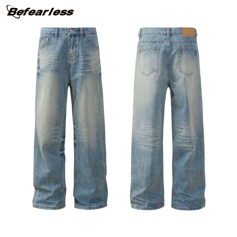 American Style Washed Cat Whiskers Clean Fit Straight Wide Leg Jeans Trendy Brand High Street Loose Men's Long Pants B5