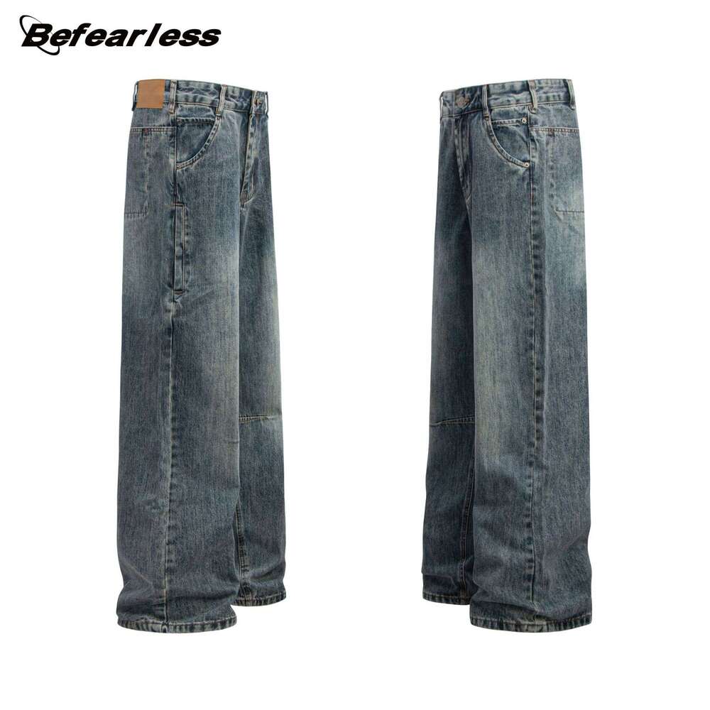 American Style Washed Vintage Loose Straight Jeans Unisex Wide Leg Casual Couple Pants B5