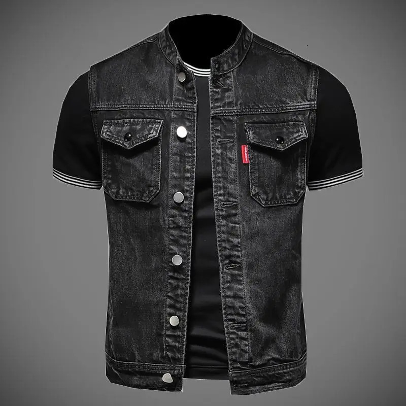 2025 Korean Style Mens Casual Black with SingleBreasted Stylish Cowboy Waistcoat Summer Cotton Denim Jeans Coat Vest 250805