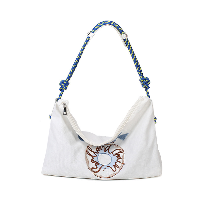 Versatile Large Capacity Canvas Spring Summer Embroidered Tote Students Class Commuting Bag for Women