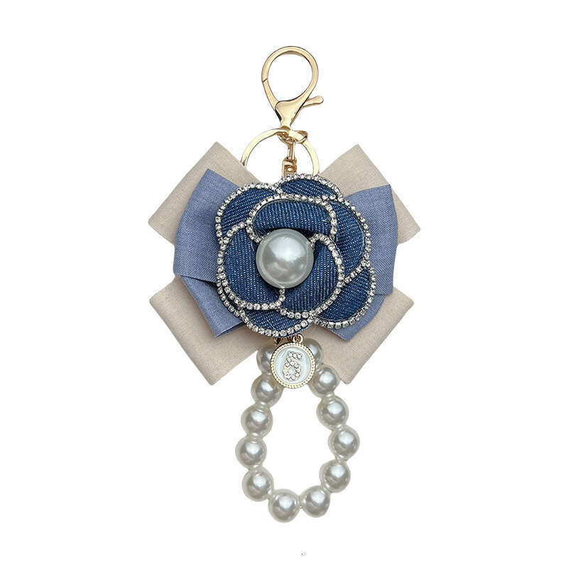 Unique Denim Color Block Bow Keychain with Rhinestone Edge Camellia Pearl Chain Bag Pendant