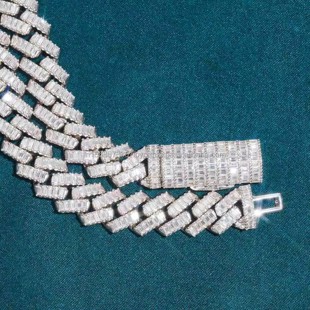 Premium 20mm Round and Baguette Moissanite Diamond Men Cuban Link Iced Out Rapper Chain Available From India